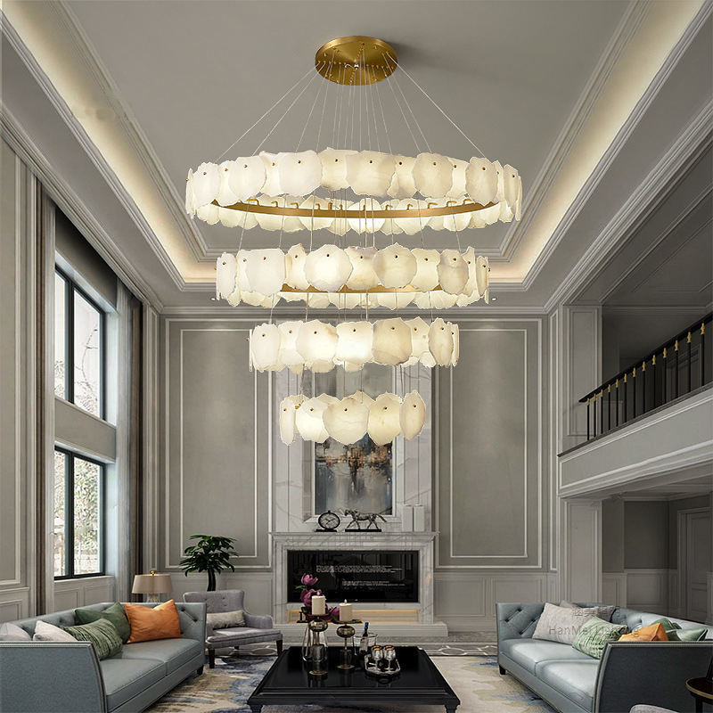 Elegant Copper and Marble Pendant Lamp for High-Rise Living Rooms