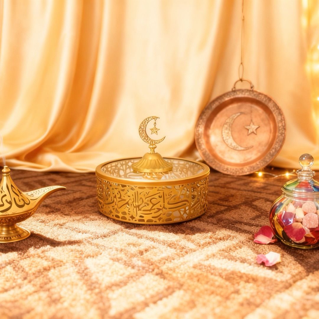 Ramadan Eid Al-Fitr Snack Storage Table Decoration Islamic Gold Metal Crafts Tray with Lid