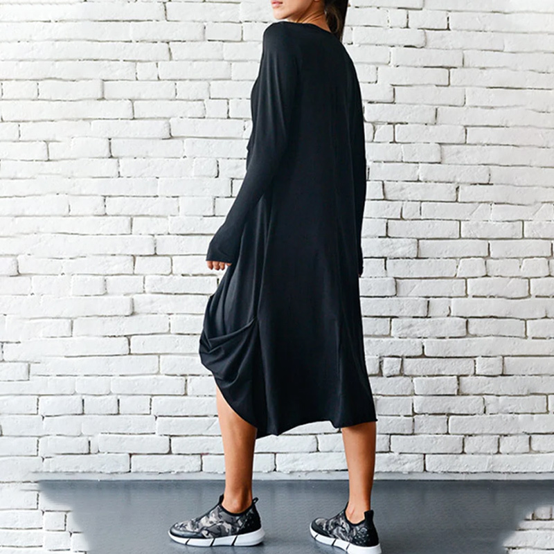 Oversize Black Loose Casual Tunic Long Sleeve Maxi Dress