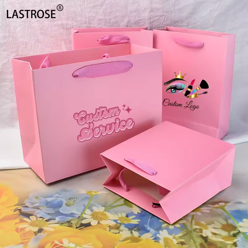 2025 Hot Selling Pink Eyelash Packaging Shopping Bags With Handle Private Label Cosmetic Paper Packaging