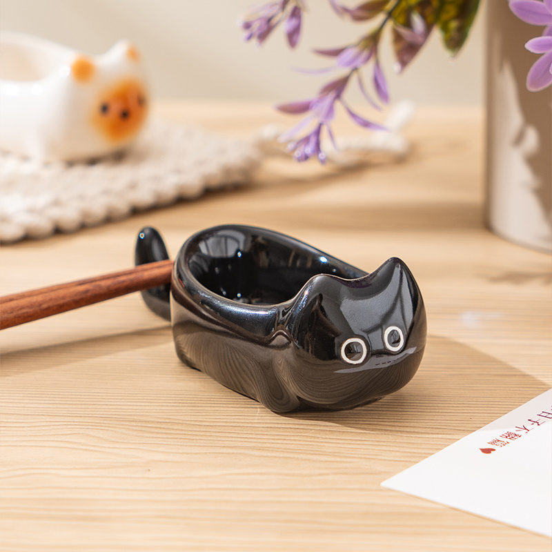 Pair of Cat Face Sauce Dishes-Ceramic Siamese & Black Kitten Bowls with Chopstick Rest Base