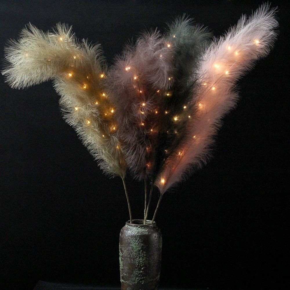 5 PCS Per Set Artificial Pampas Grass in Vase with Lights Colored Pampas Grass with Fairy LED Lights Faux Pampas Grass