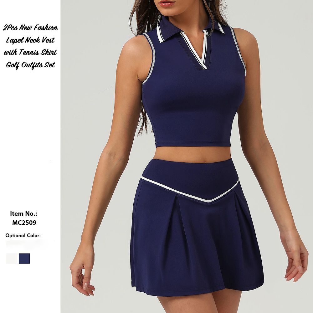 Latest Fancy and Sexy V Neck Pedal Tennis Apparel for Women, 2 Piece Flowy Hem Athletic Skirt with Sleeveless Lapel Collar Padded Crop Top Golf Workout Outfits
