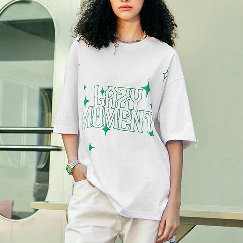 Mens Clothing English Letter Graphic Printing Heavyweight 200g Cotton White Tee for Men Vintage Loose Casual Mens Tee