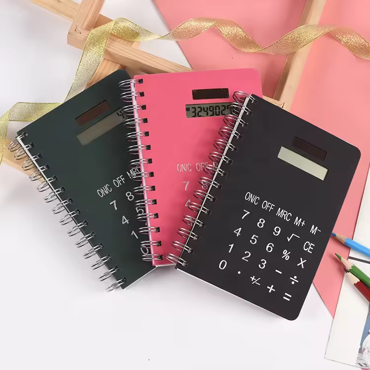 Pu Notebook Calculator Functions With Pen Promotional Gift Customized Private Label Logo 8 Digit Solar Power Notepad Calculadora