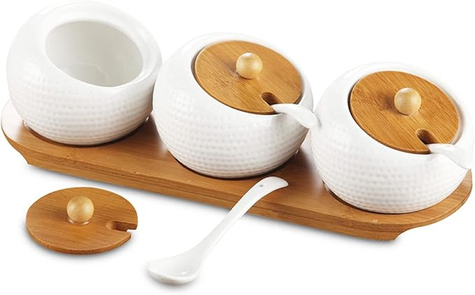 Ceramic Jars with Wooden Trays, for Storing Spices, Sugar, Coffee, Tea, Ceramic Tableware