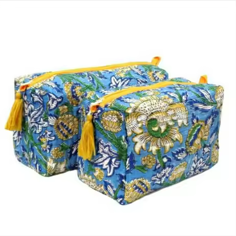 Wholesale Lot Bohemian Style Block Printed 100% Hand Pouch Unisex Floral Print Bag Zipper Closure Cotton Lining Strap Carry