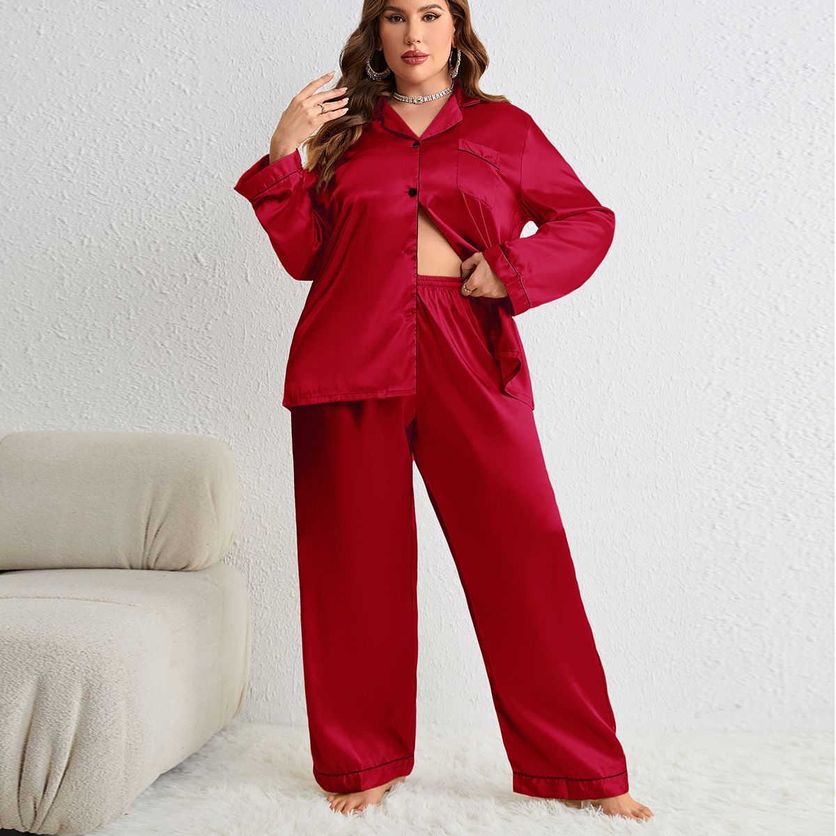 Ladies Button Down Loungewear 2PCS Female Soild Silk Satin Pajamas Women Sleepwear