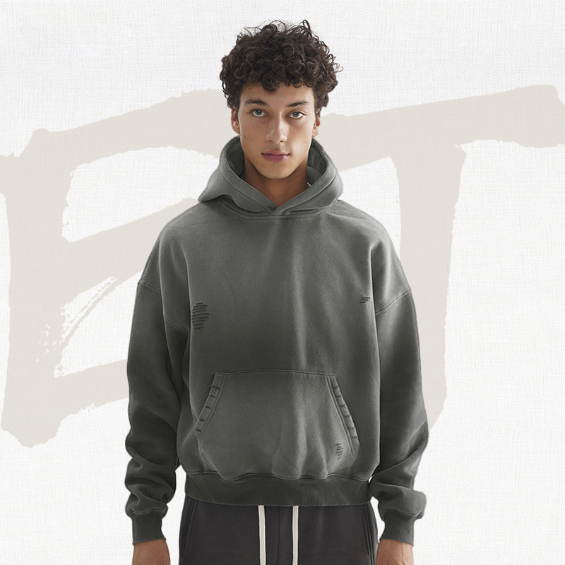 Vintage Dropped Shoulder Boxy Hoodie Oversized Men Customize Distressed Cropped Fleece Lined Hoodie