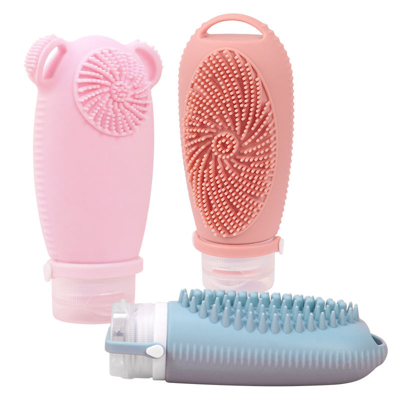 Modern Fashion Brush-Shape Best Quality Silicone Travel Shampoo Lotion Body Wash Shower Gel Bottles 100ml with Cleaning Massager Brush