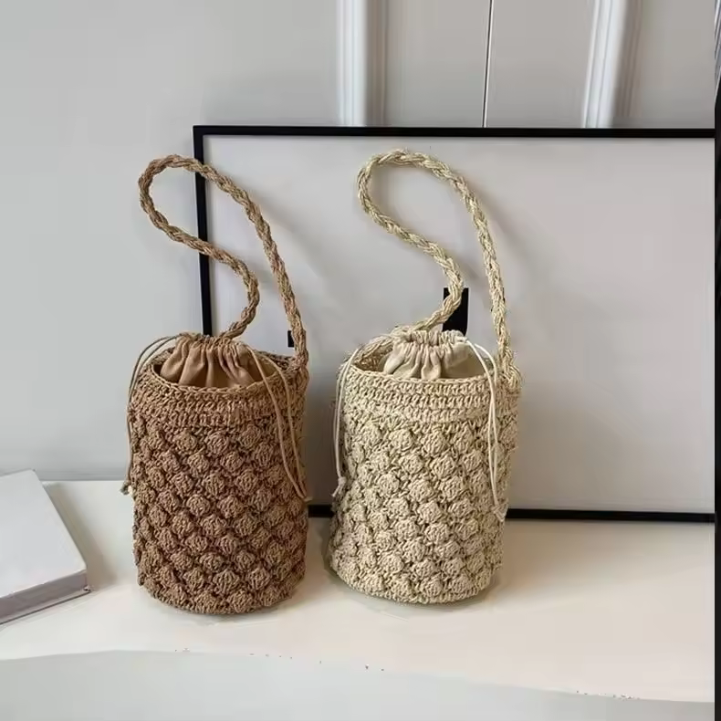 Fishing Net Straw Bag Cheap Rattan Bags High Quality Purses Solid Color Hand Woven Purse Wide Straps Satchel For Women Beach