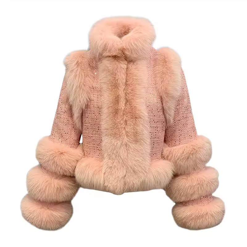 Luxury Pure Color Real Fox Fur Collar Cuffs Ladies Wool Coat Women Tweed Coat With Fur