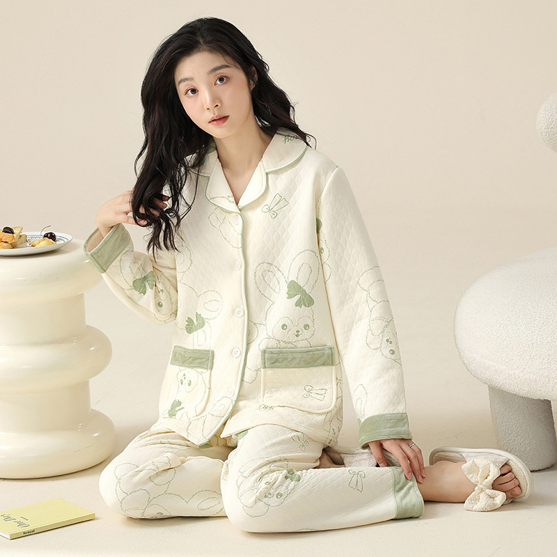 Customizable Women's Air-Cotton Pajama Set-Thickened Long Sleeve Loungewear with Quilted Cotton Lining for Spring/Autumn/Winter