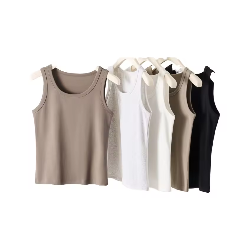 91.6% Cotton 8.4% Spandex Ribbed Scoop Neckline Sleeveless Crop Tank Top Short Length Wholesale Women's Basic Stretch Vest