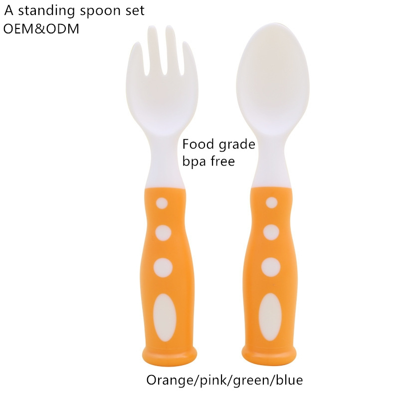 High Quality Standing Spoon and Fork in Storage Container BPA Free Tableware for Infant, Big Soup Spoons Plastic Feeding Utensils Cutlery Set for Baby