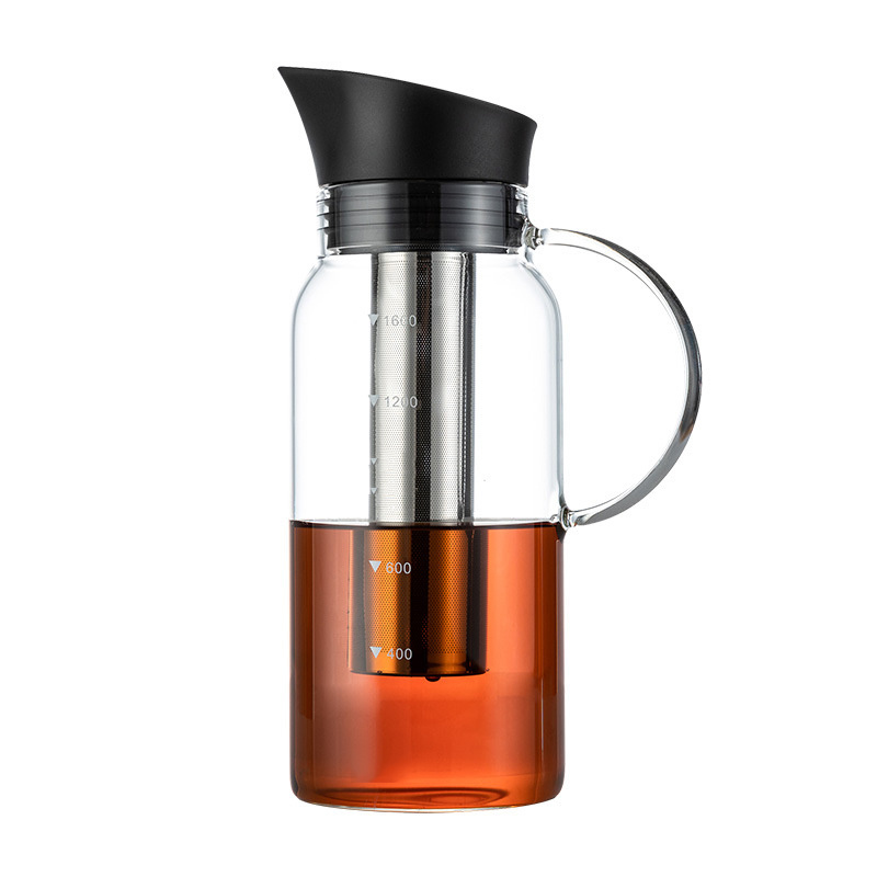 1.2L 1.6L Cold Coffee Maker Heat-Resistant Glass Stainless Steel Filter Iced Coffee Cold Brew Maker with Black Glass Handle
