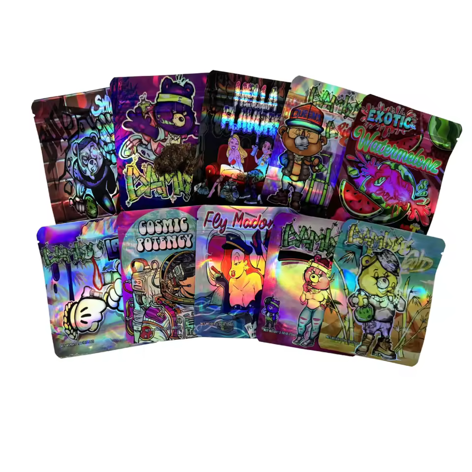 Small Moq Laser Hologram Childproof Zip Lock Die Cut 3.5g 1oz Empty Mylar Bag For Dried Botanicals Loose Leaf Aromatherapy Herbs