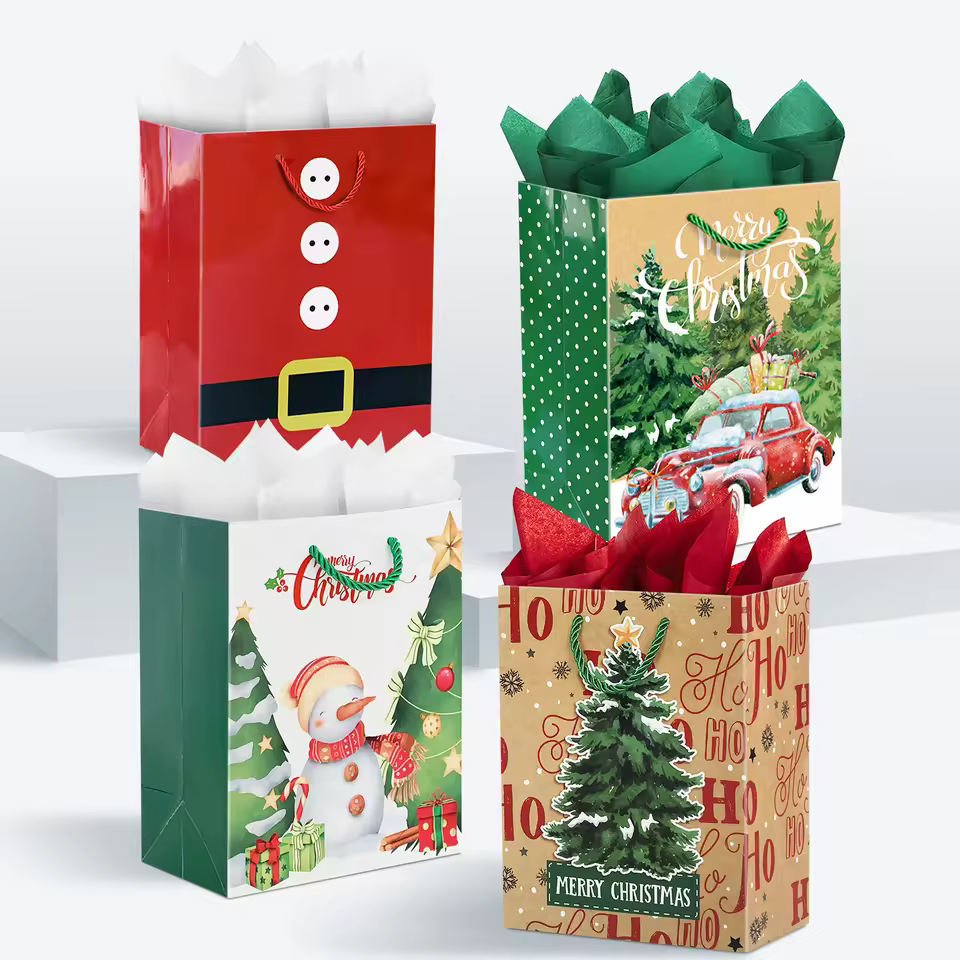 Low Moq Ready To Ship Cost-effective Santa Bells Plaid And More Bulk Order Discounts Festival Holiday Paper Bags For Christmas