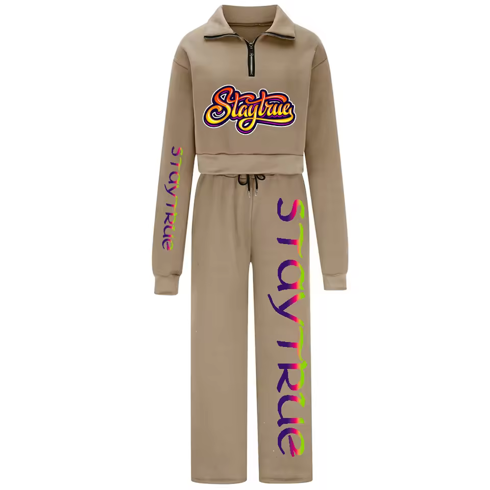 Best Quality Women's Casual 100% Cotton Fleece Tracksuits Washed Patches Long Sleeve Zipper Jacket Pant 2pcs Sets Solid Design