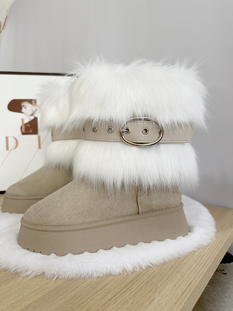 Zonxan Wholesale Thick-Soled Fur Boots Women's Warm 2025 Designer Shoes New Winter Imitation Fox Fur Outer Wear MID-Tube Snow Boots Flat Boots