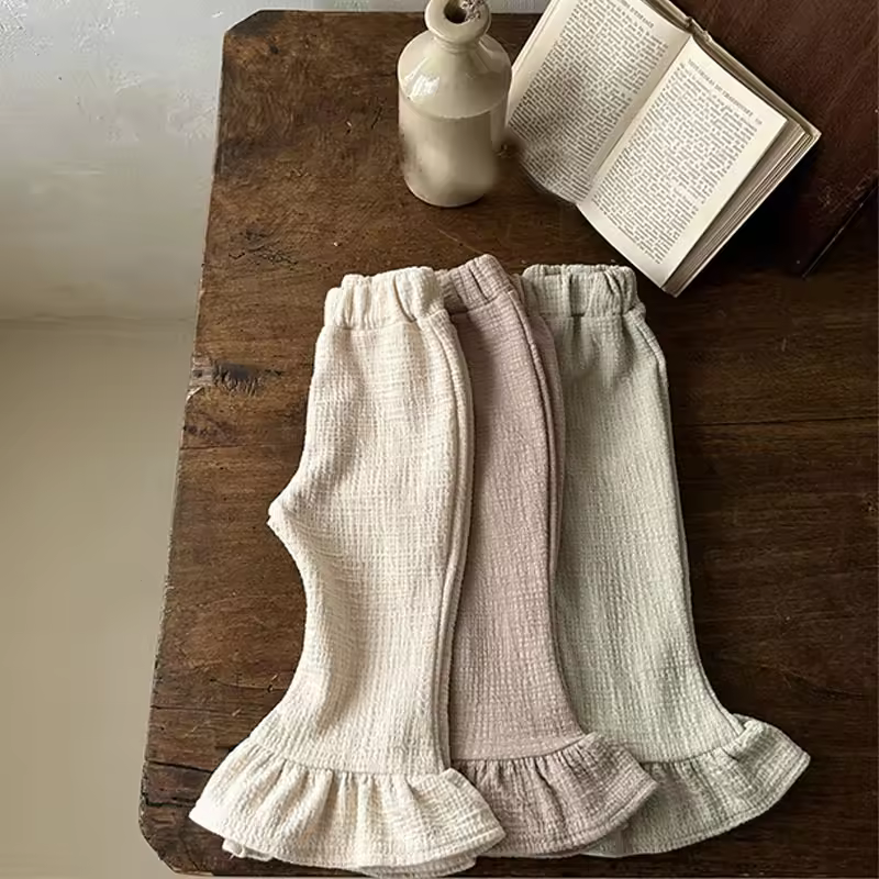 Korean Version Ins Style Slim Trousers For Infants And Children Spring And Autumn Crimping Bell Bottoms Cotton Fabric