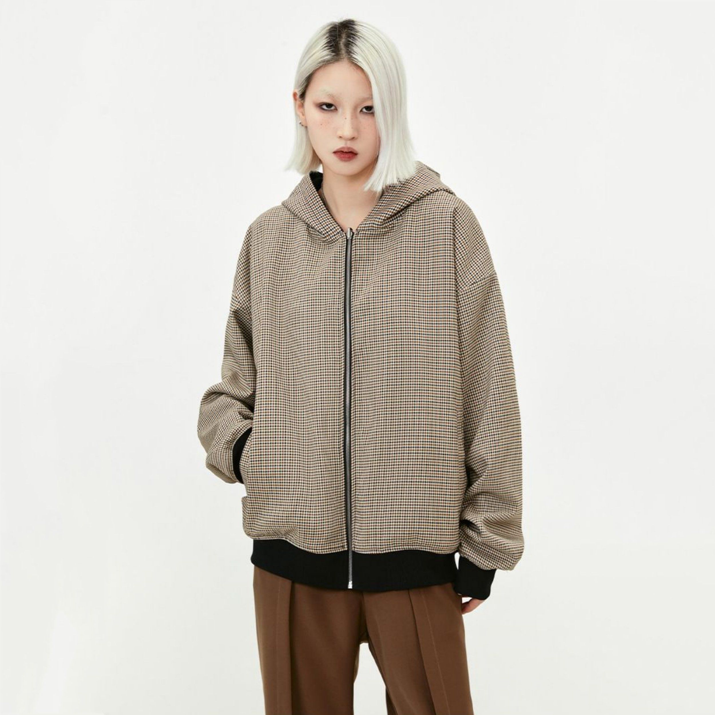 Factory Customization Cozy Reversible Hooded Sweatshirt in Classic Houndstooth Design