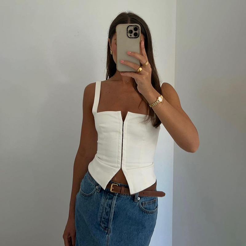 Summer Sexy Square-Neck Slim-Fitting Button-Down Tank Top for Women