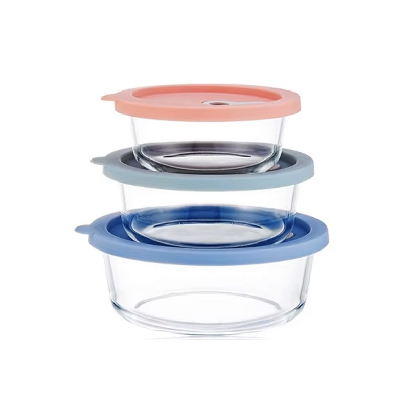 390ml/640ml/970ml Stackable Round Glass Food Storage Containers with Silicone Lids