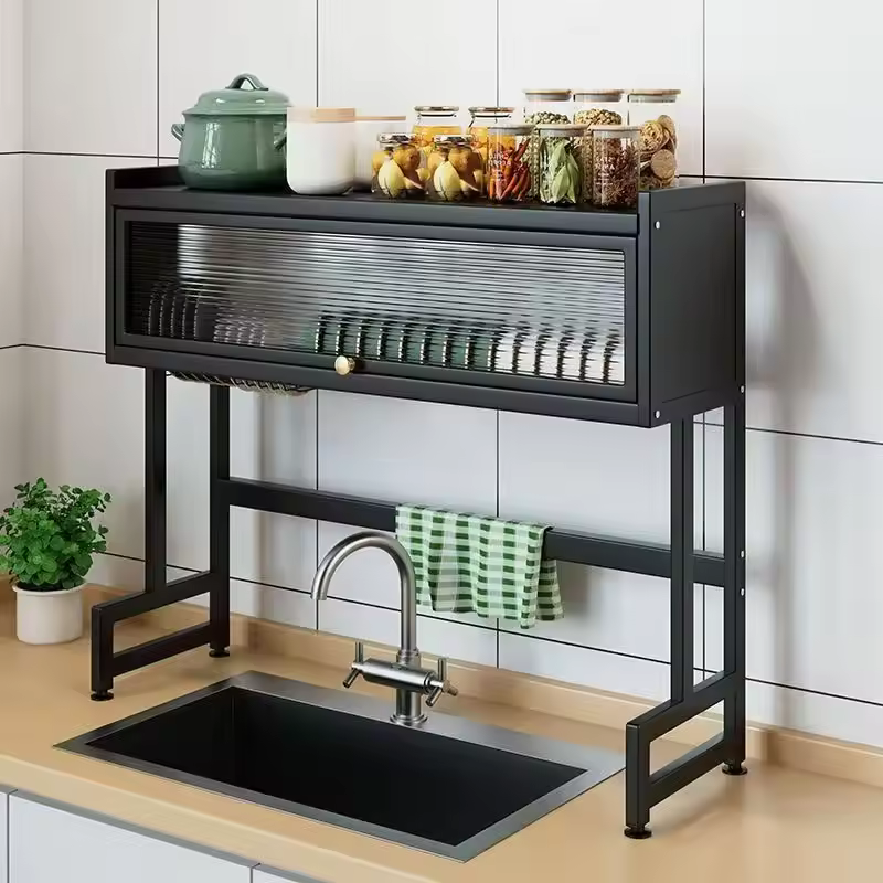 High Quality Dustproof Standing Type Dish Drying Rack Drainer Shelf Kitchen Sink Shelving For Bowl Cup Plate Drying Easy Door