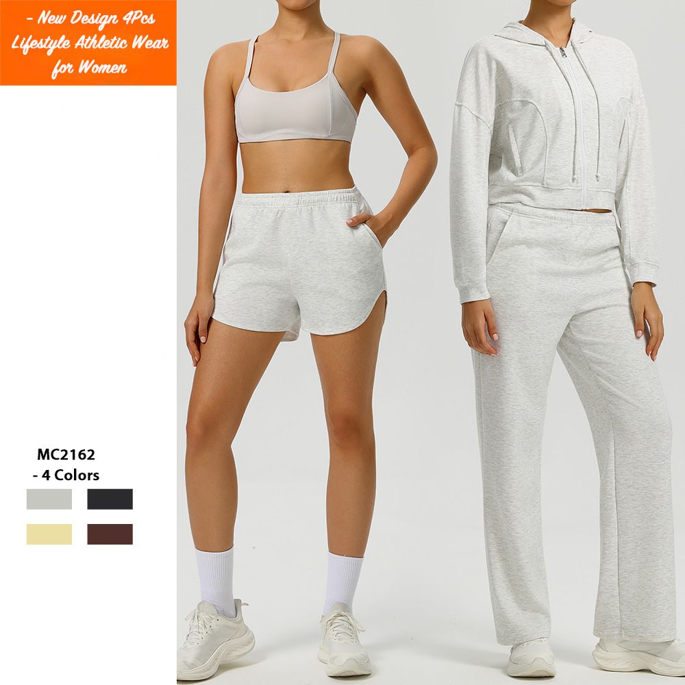 New Design 4 Piece Lifestyle Sportswear Sets for Women, Matching Yoga Bra + Fitness Jacket + Running Shorts + Sweat Trousers Lounge Exercise Wear