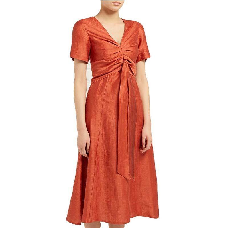 Elegant Women's V Neck Tie Waist Linen Maxi Dress for Summer
