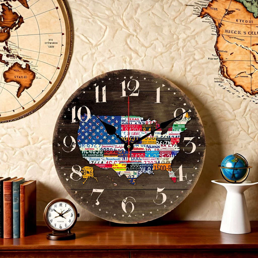 34cm Retro Vintage Clock Map Pattern Non-Ticking Silent Wooden Wall Clock Quartz Battery Operated Decor Retro Design Clock for Kitchen/Living Room/Bed Room