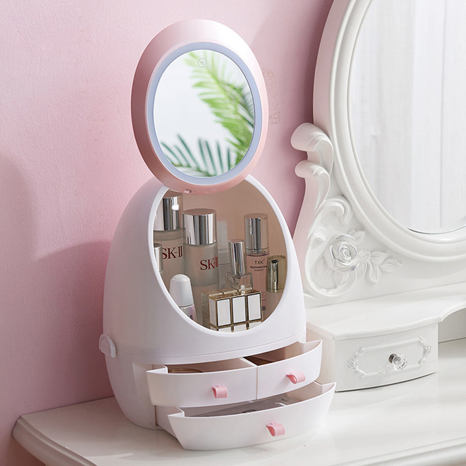 Cheap Wholesale Plastic Cosmetic Mirror Storage Box Make up Container Organizers With Lighting