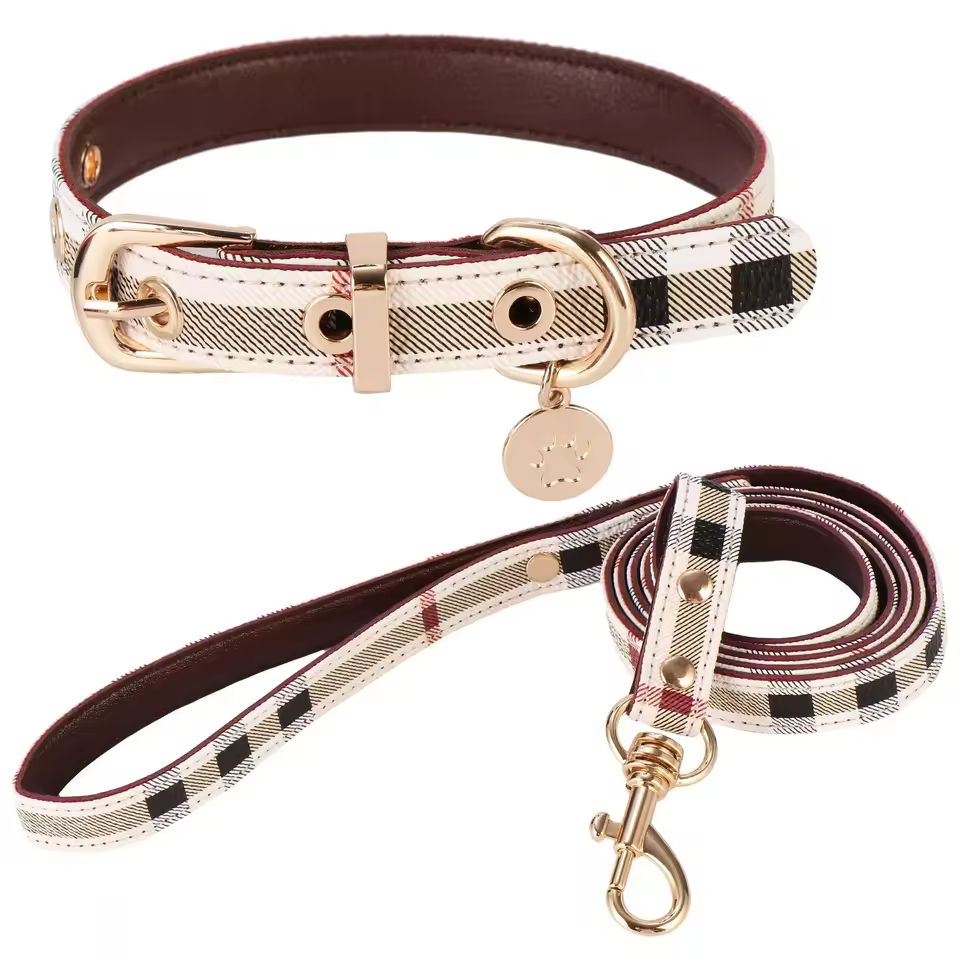 Wholesale Designer Dog Collars Leashes Set Soft Adjustable Fashion Plaid Pu Leather Pet Collar