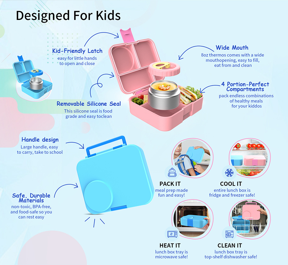 Aohea OEM ODM Portable Original Stackable Lunch Boxes Reusable 4 Compartment Food Containers for Kids and Adults Bento Lunch Box for Meal Prep School & Work