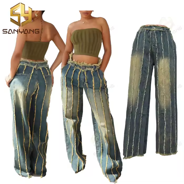Retro Gradient Denim Pants Women Tassels Patchwork Stretchy High Waist Jeans Hot Girl New Streetwear Bottoms
