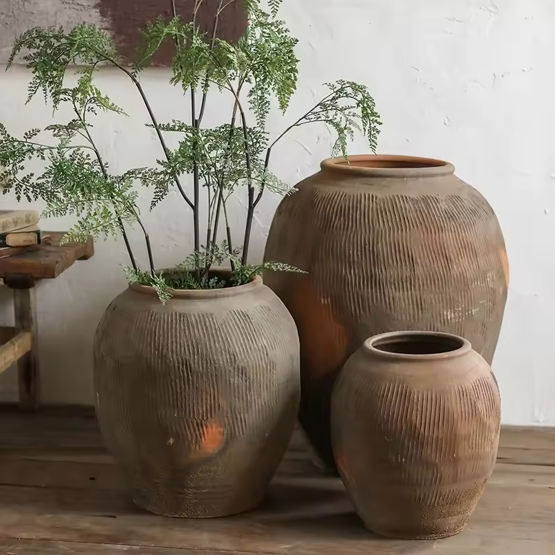 Msh Large Antique Vase Decoer Coarse Clay Pot Garden Urn Rustic Ceramic Floor Vase For Courtyard Decor