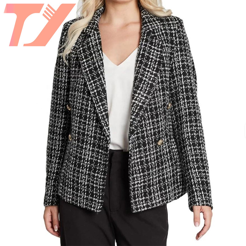 Ladies Women Single Button Lapel Monochrome Tweed Blazer