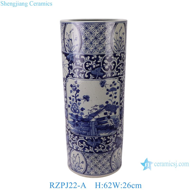 Jingdezhen Porcelain Antique Style Blue and White Flower Bird Pattern Ceramic Vase Umbrella Stand Pot