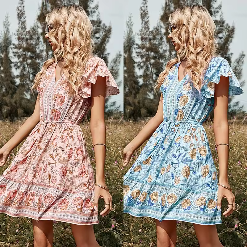 Mini Dress Summer Casual High Waist Bohemian Boho Dress Summer Beach Outfit 2022 Women Short Sleeve V-neck Floral Print Formal