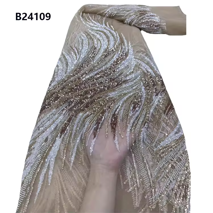 Chocoo Wholesale Bulk Buy Colorful Glitter Sequin Lace Fabric Gold Embroidery Beaded Lace Fabric For Party