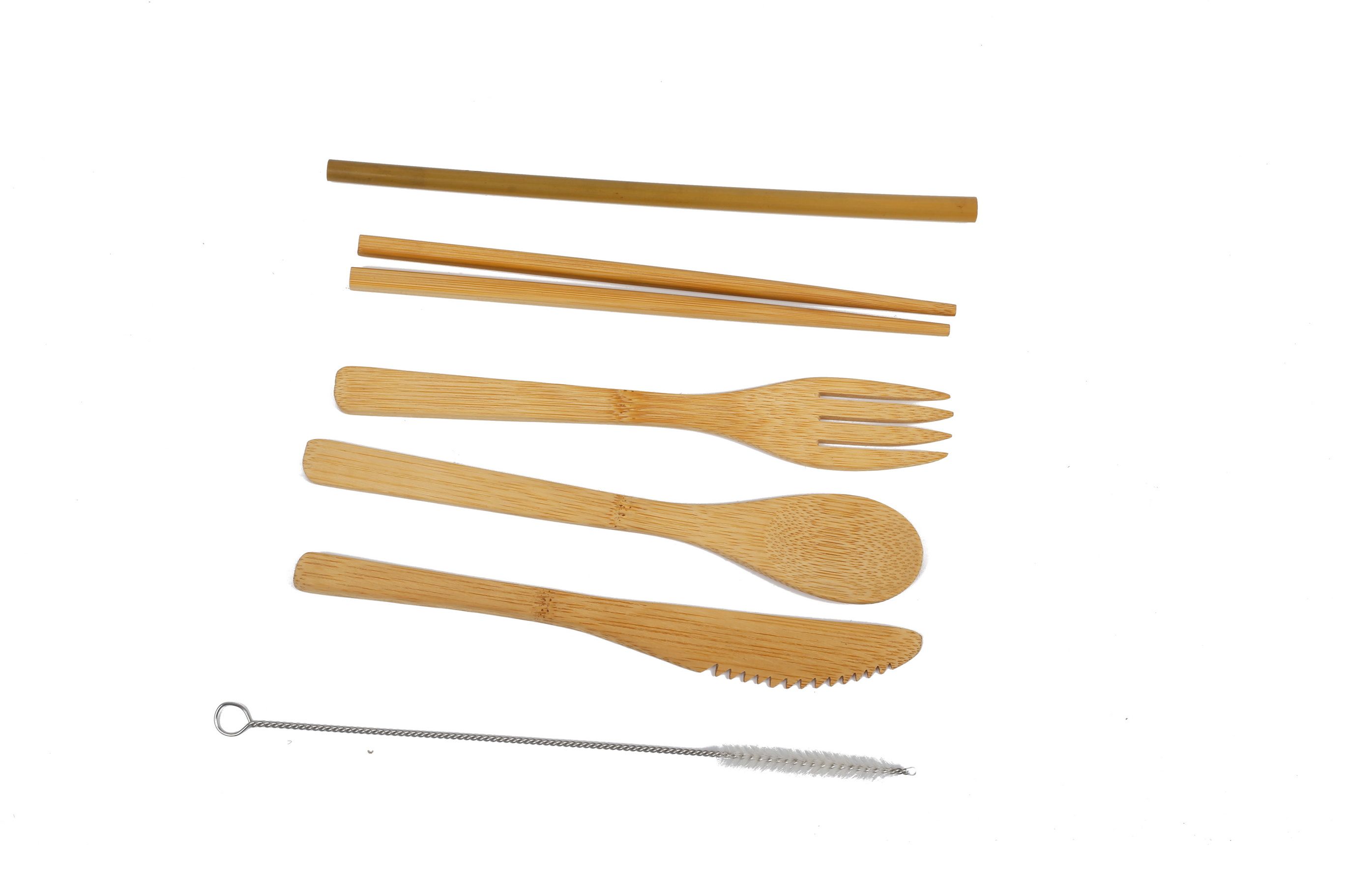 Portable Bamboo Camping Cutlery Set with Straw and Cleaning Brush