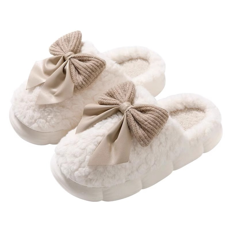 New Cotton Slippers Ladies Winter Indoor Casual Shoes Warm Plush Slippers with Bow