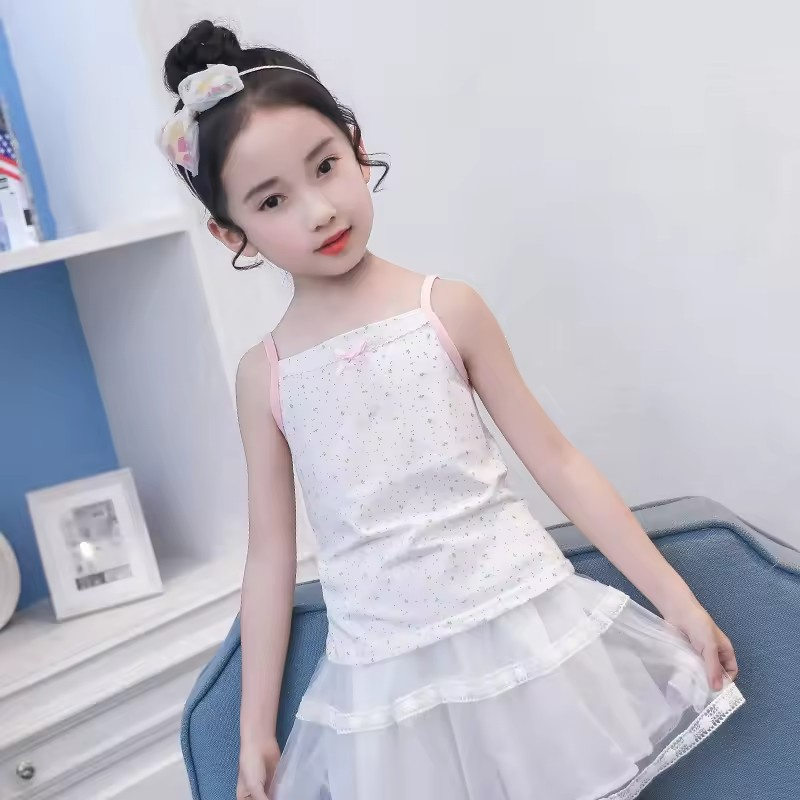 Summer Girls Cotton Tank Top with Lace and Bow for Kids Casual Halter Tops