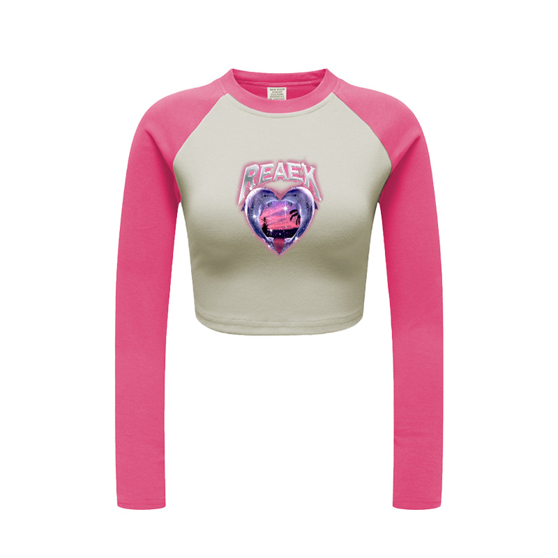 Wholesale Clothing Women's 285GSM 80%Cotton 20%Polyester Pink Long Sleeve Slim Fit Raglan Crop Tee Shirts Premium Crop Tops