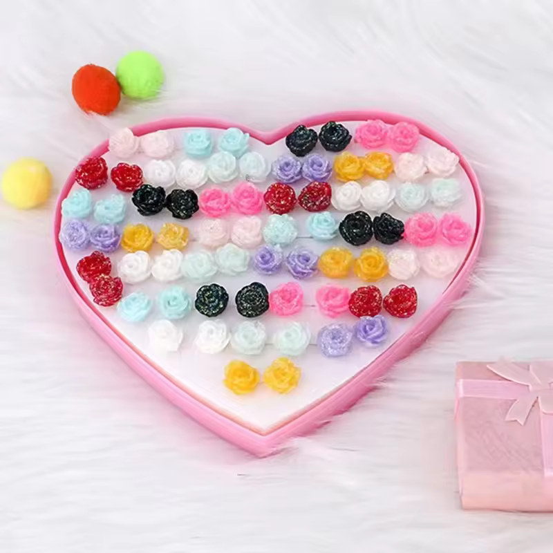 Yane Brand Cute Girls Rose Charm Earrings Set 36 Pairs Per Box Plastic Jewelry Ready To Ship