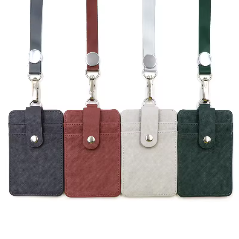 Pu Leather Badge Holder With Neck Lanyard Strap Id Badge Wallet Case 4 Card Slots Id Name Badge Card Holder For Office Staffs