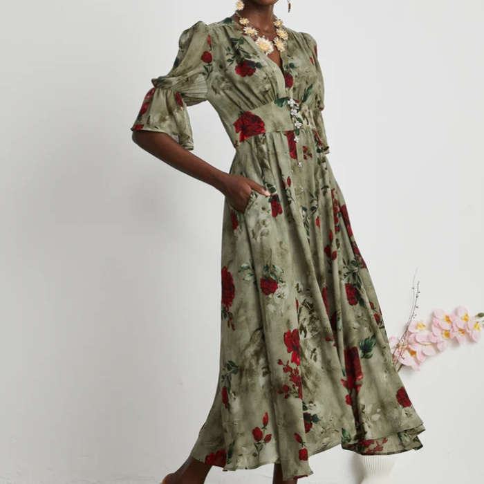 Ladies Dress Summer Hot-Selling Latest Design Women's Floral Sexy V-Neck Digital-Print Washable Long Dress Relax Party Dress Date Long Dress Lantern Sleeves