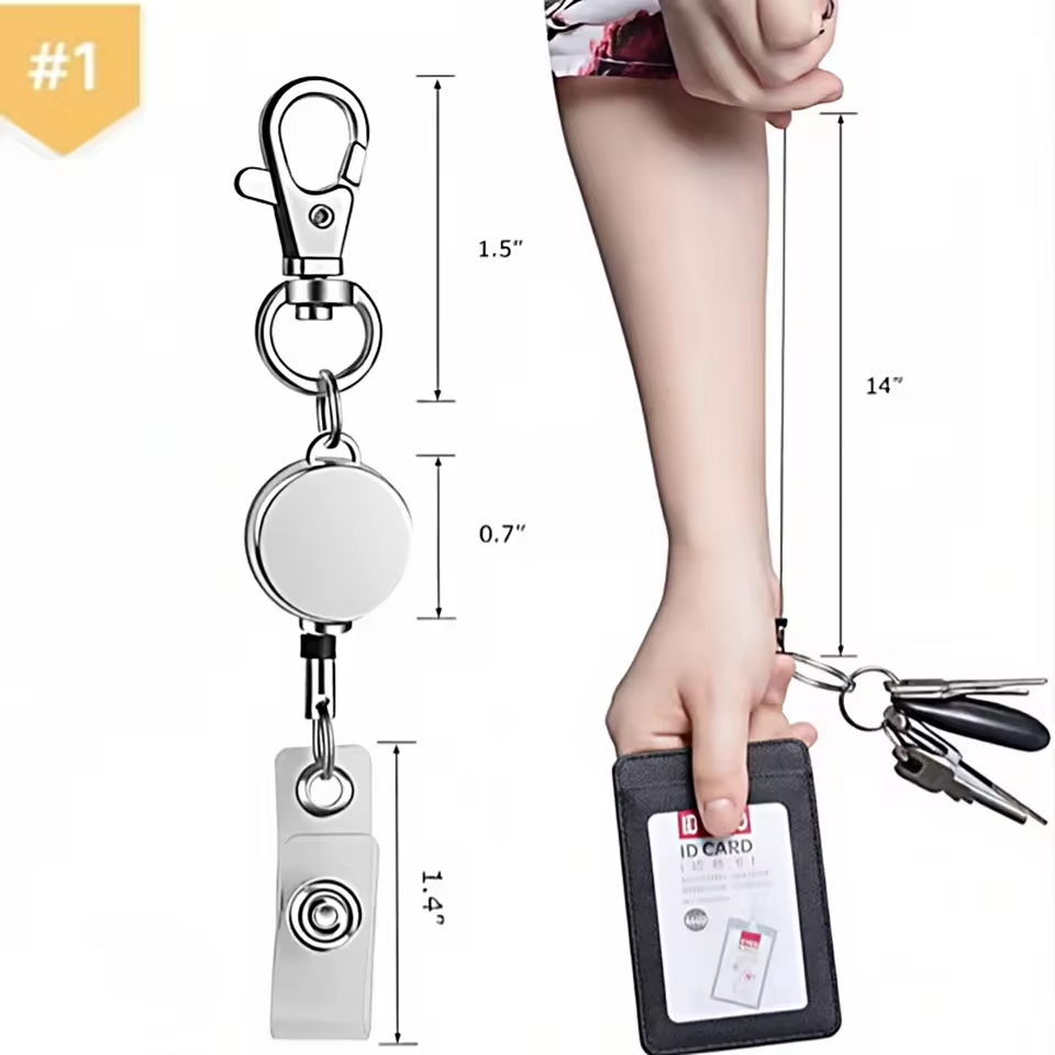 2cm Round Zinc Alloy Silver Micro Badge Clip With Extendable Anti-loss Pull Cord,Hanging Rope,Document Easy-release Buckle