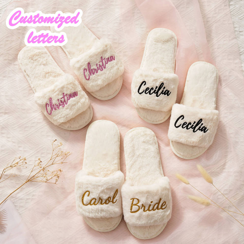Custom Logo Sequin Solid Color Fur Slippers For Women New Style Indoor Outdoor Wedding White Plush Open Toe Home Slippers